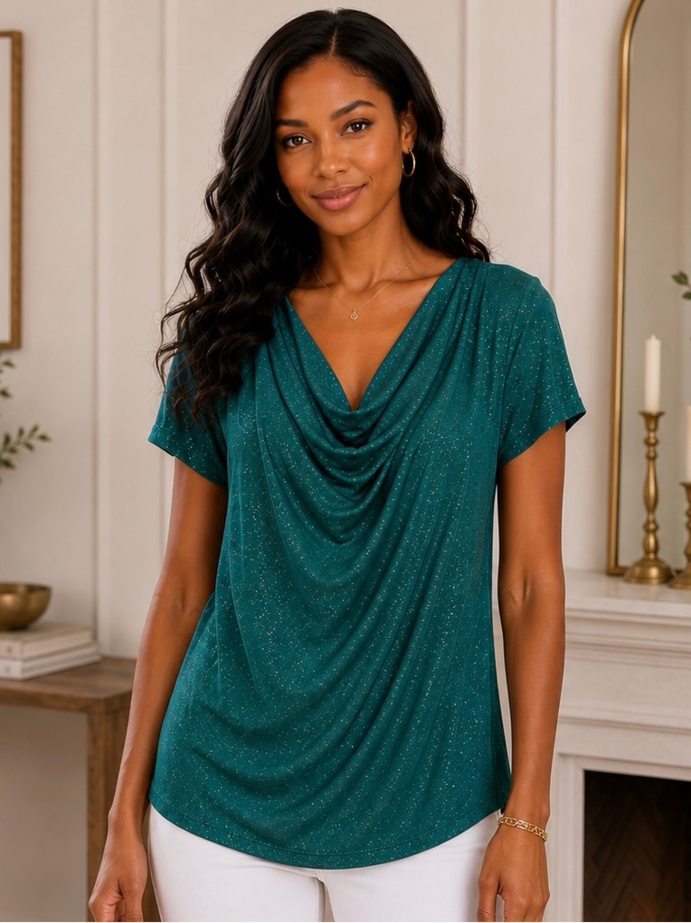 Jaclyn Smith Teal Sparkle Draped V-Neck Short Sleeve Top